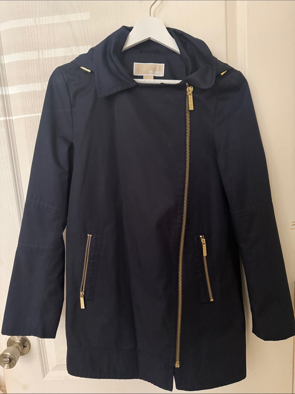 Michael Kors Navy Trench Coat with Gold Hardware. Wear with button hood. See pic